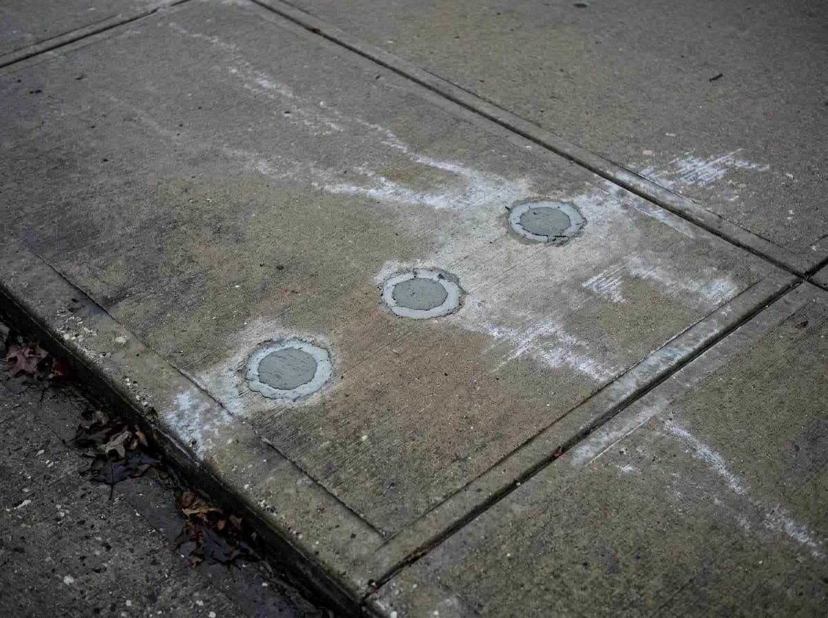 Three patched penny-sized injection holes in a level concrete driveway panel after a lift
