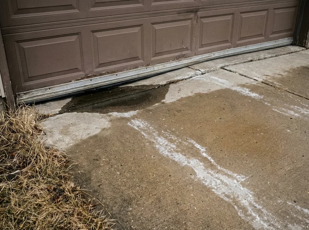 A settled garage apron slab with standing water pooled against the bottom of a closed garage door