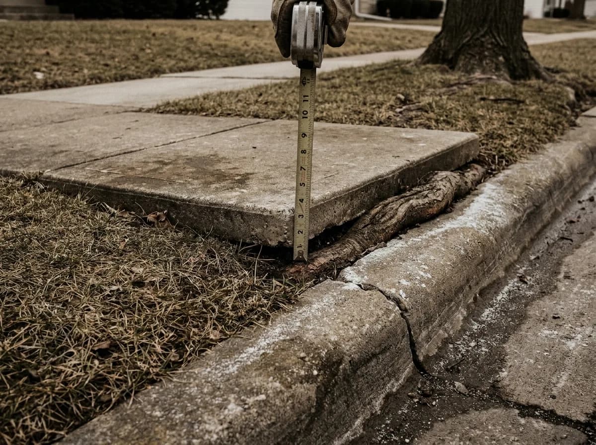 A tape measure held against a raised sidewalk slab where a tree root has lifted one side above its neighbour