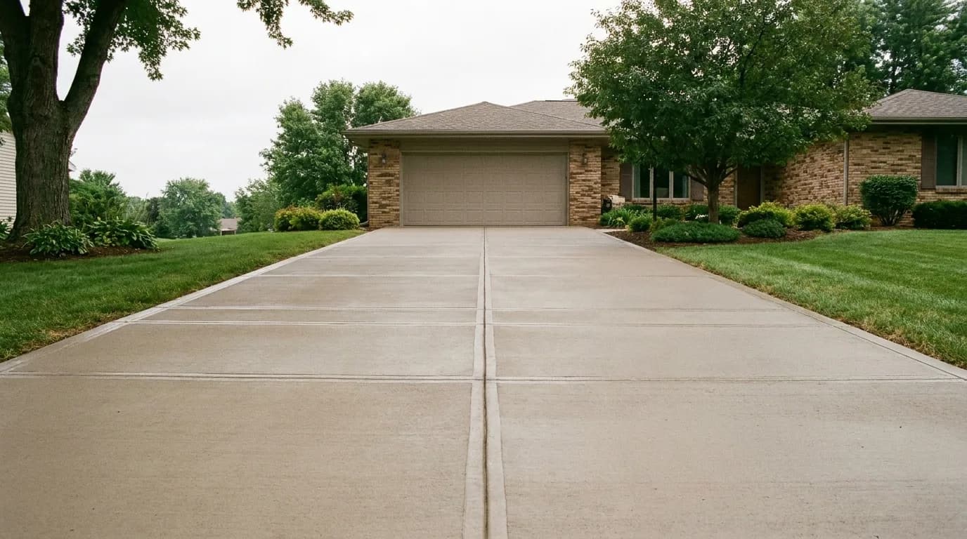 A wide residential concrete driveway sitting perfectly level up to an attached garage, every control joint flush, on a bright overcast day